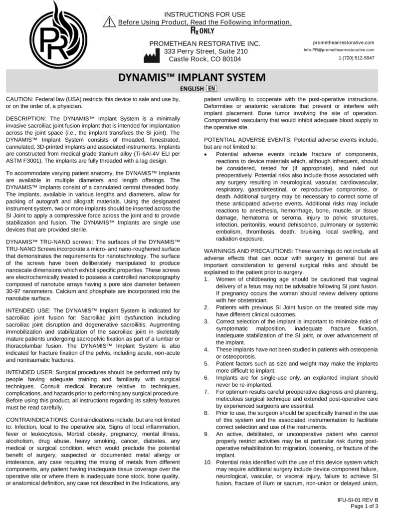 DYNAMIS™ Implant System IFU Page 1.