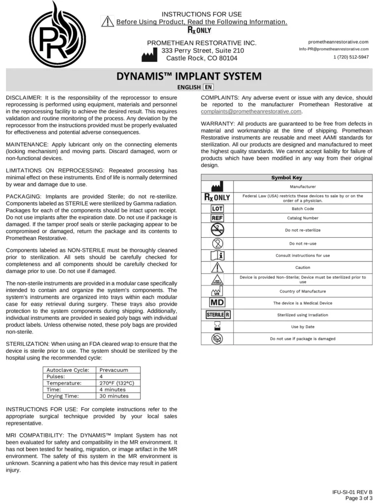 DYNAMIS™ Implant System IFU Page 3.