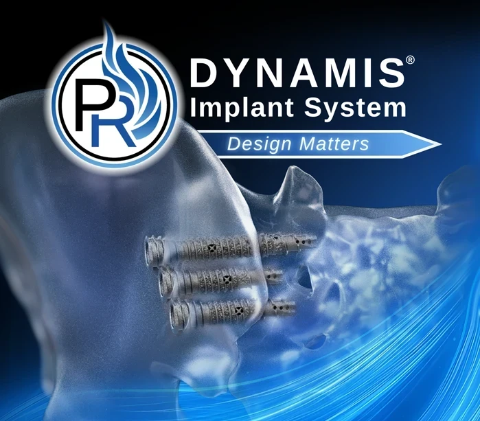 Dynamis Implant System logo complimented by titanium screws surgically inserted into the anatomy of an SI Joint for stabilization and fusion.