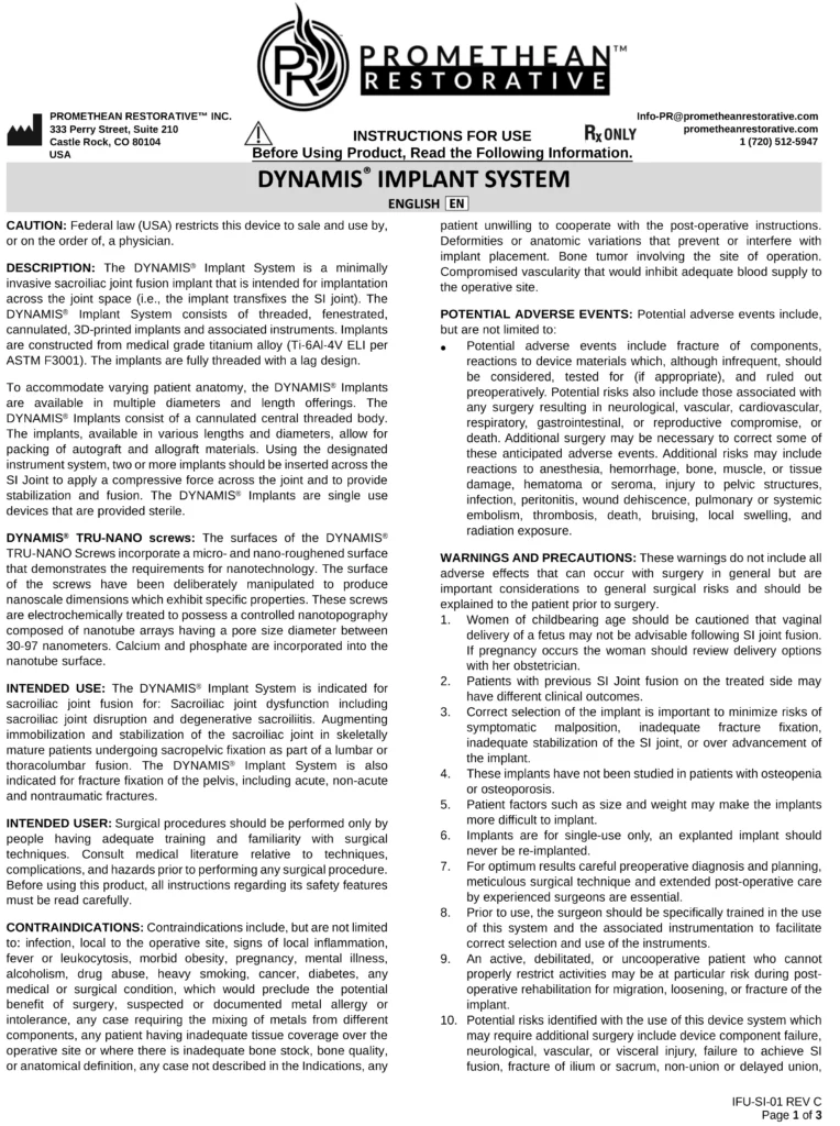 DYNAMIS® Implant System IFU Page 1.