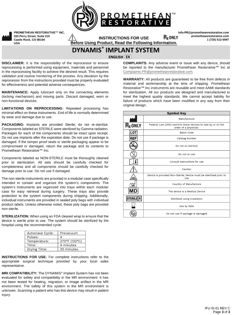 DYNAMIS® Implant System IFU Page 3.